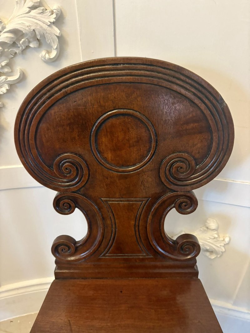 Pair of Antique Regency Quality Carved Figured Mahogany Hall Chairs - Image 11